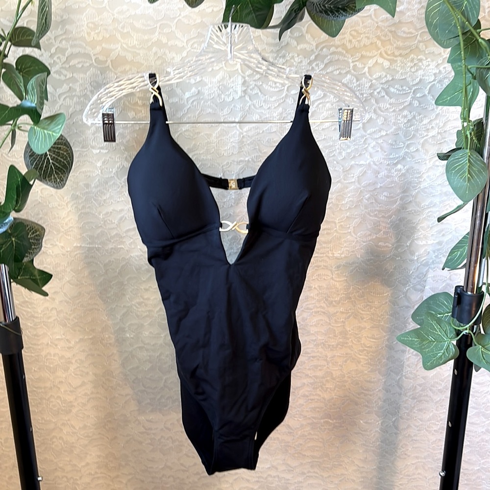 Jets by Jessika Allen Plunge One Piece Swimsuit, Black, Women’s Size 12